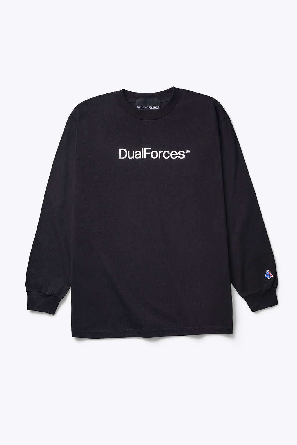Long-sleeved t-shirt is printed with our DUALFORCES® team logo on front and DUALFORCES® mark on the sleeve.  Printed Team Logo   Woven Brand Label   Made in USA - Black