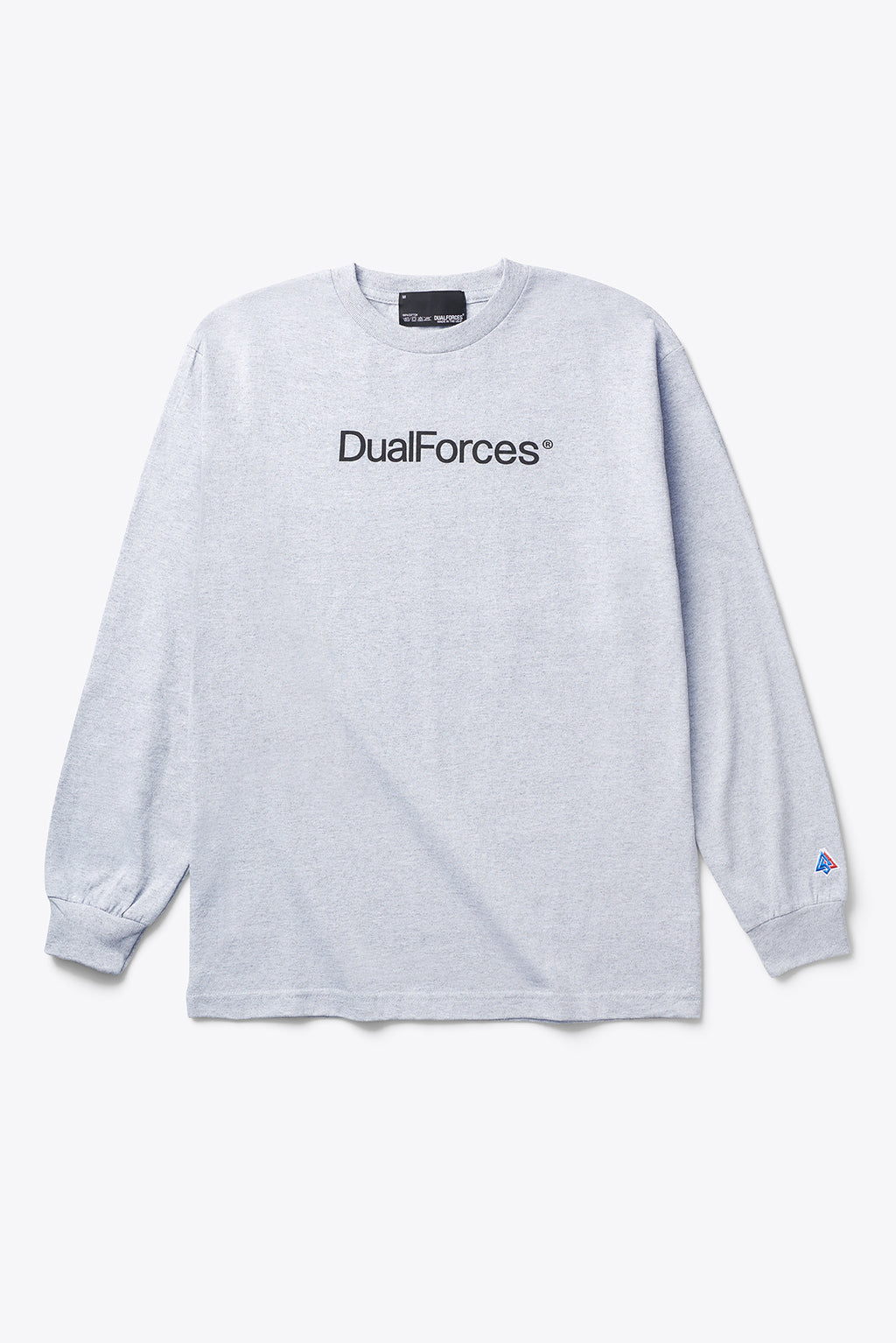 White Long-sleeved t-shirt is printed with our DUALFORCES® team logo on front and DUALFORCES® mark on the sleeve.  Printed Team Logo   Woven Brand Label   Made in USA - Grey
