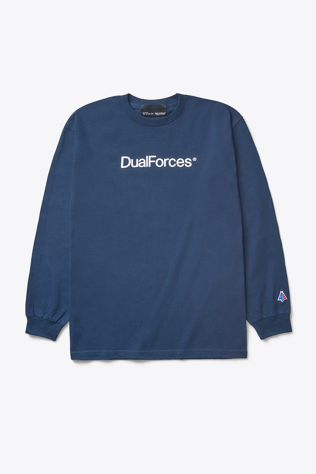 NAVY Long-sleeved t-shirt is printed with our DUALFORCES® team logo on front and DUALFORCES® mark on the sleeve.  Printed Team Logo   Woven Brand Label   Made in USA - Navy