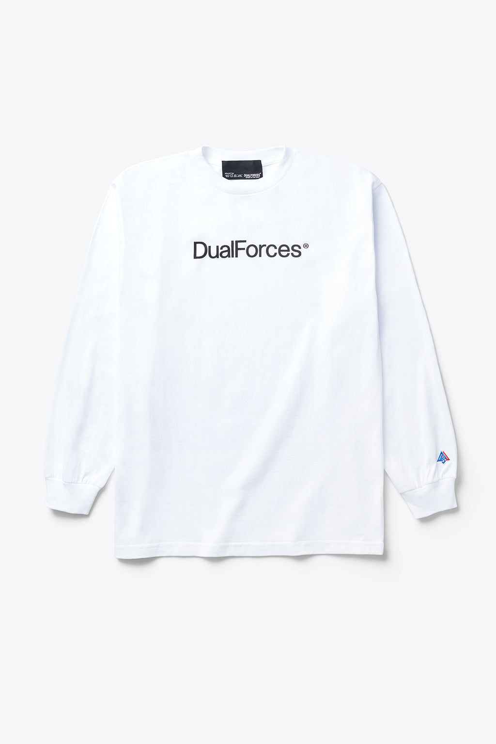 Long-sleeved t-shirt is printed with our DUALFORCES® team logo on front and DUALFORCES® mark on the sleeve.  Printed Team Logo   Woven Brand Label   Made in USA - White