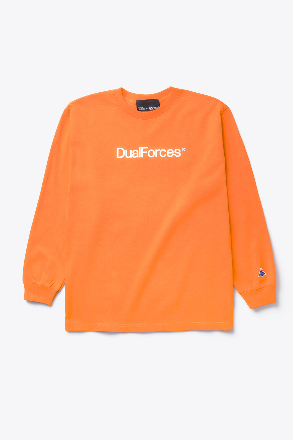 Orange Long-sleeved t-shirt is printed with our DUALFORCES® team logo on front and DUALFORCES® mark on the sleeve.  Printed Team Logo   Woven Brand Label   Made in USA - Orange